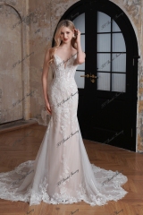 Delicate Beaded Spaghetti Straps Lace Mermaid Long Train Wedding Gown