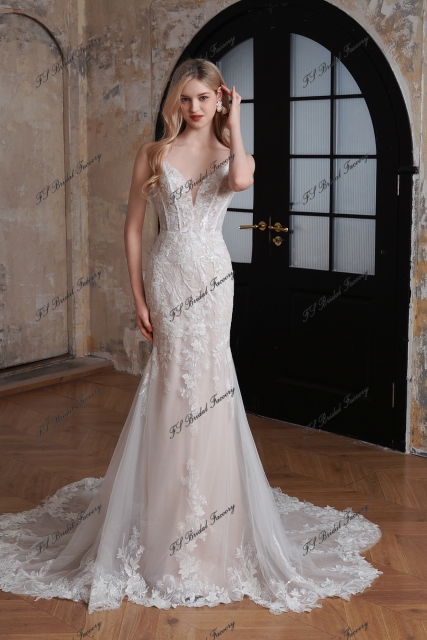 Delicate Beaded Spaghetti Straps Lace Mermaid Long Train Wedding Gown