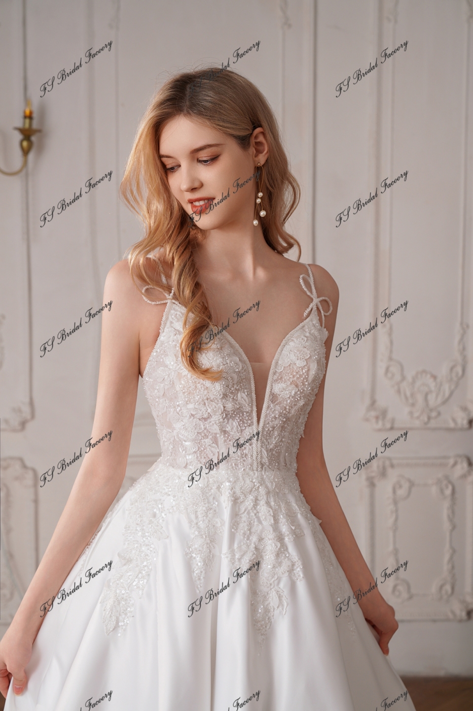 Long A Line Satin Wedding Dress With Detached Flowers