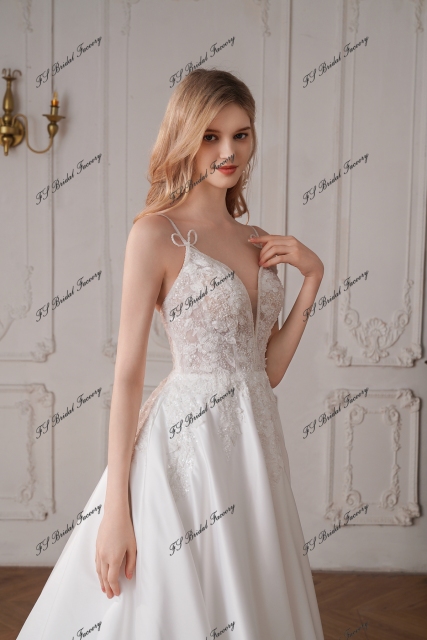 Long A Line Satin Wedding Dress With Detached Flowers