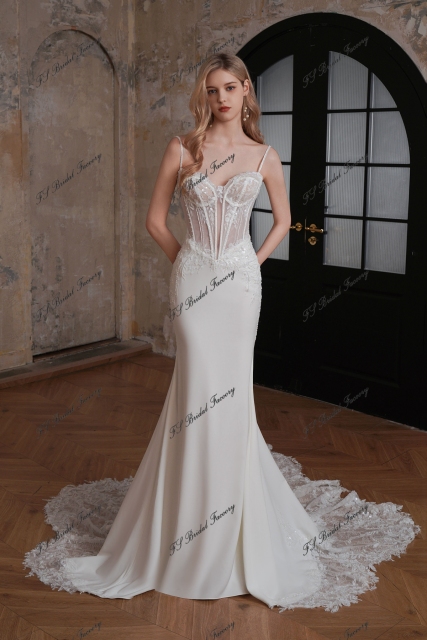 Dramatic Beaded Lace Train Mermaid Crepe Wedding Dress