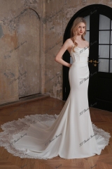 Long Mermaid Crepe Lace Train Wedding Dress With Detached Sleeve