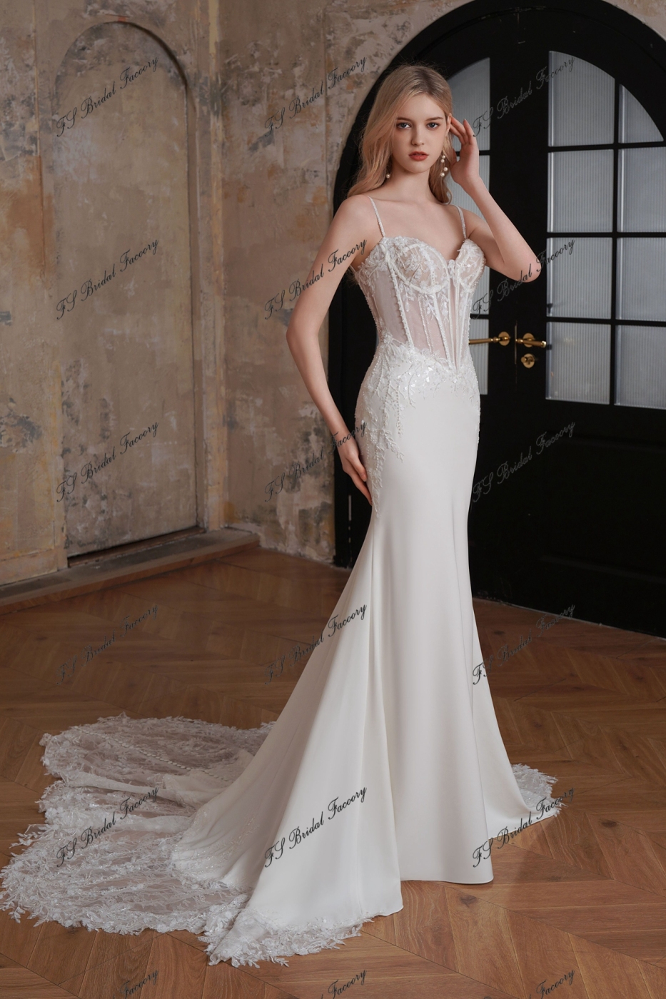 Dramatic Beaded Lace Train Mermaid Crepe Wedding Dress
