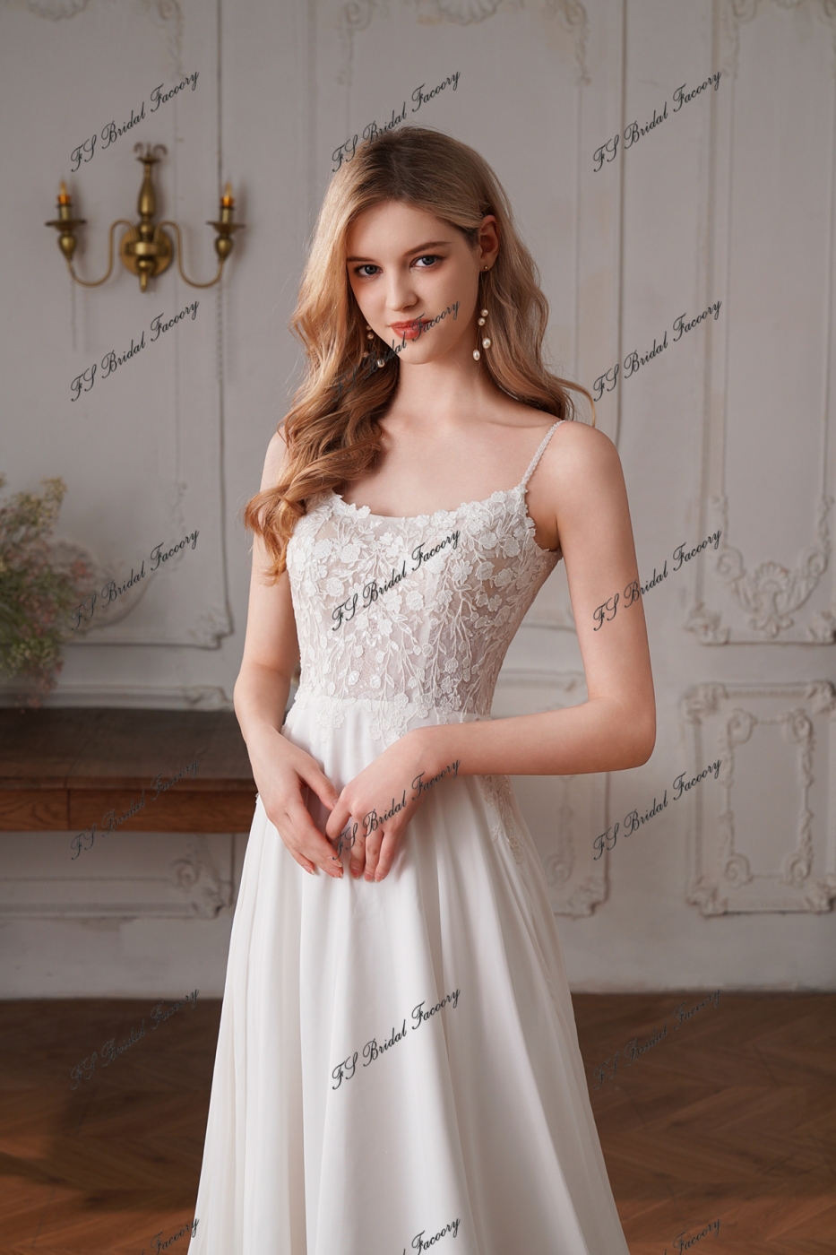 Long A-line Chiffon Wedding Dress With Round Neckline