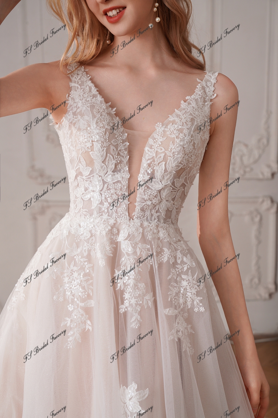 Beaded A-Line Gown with V-Neckline and Chapel Length Train