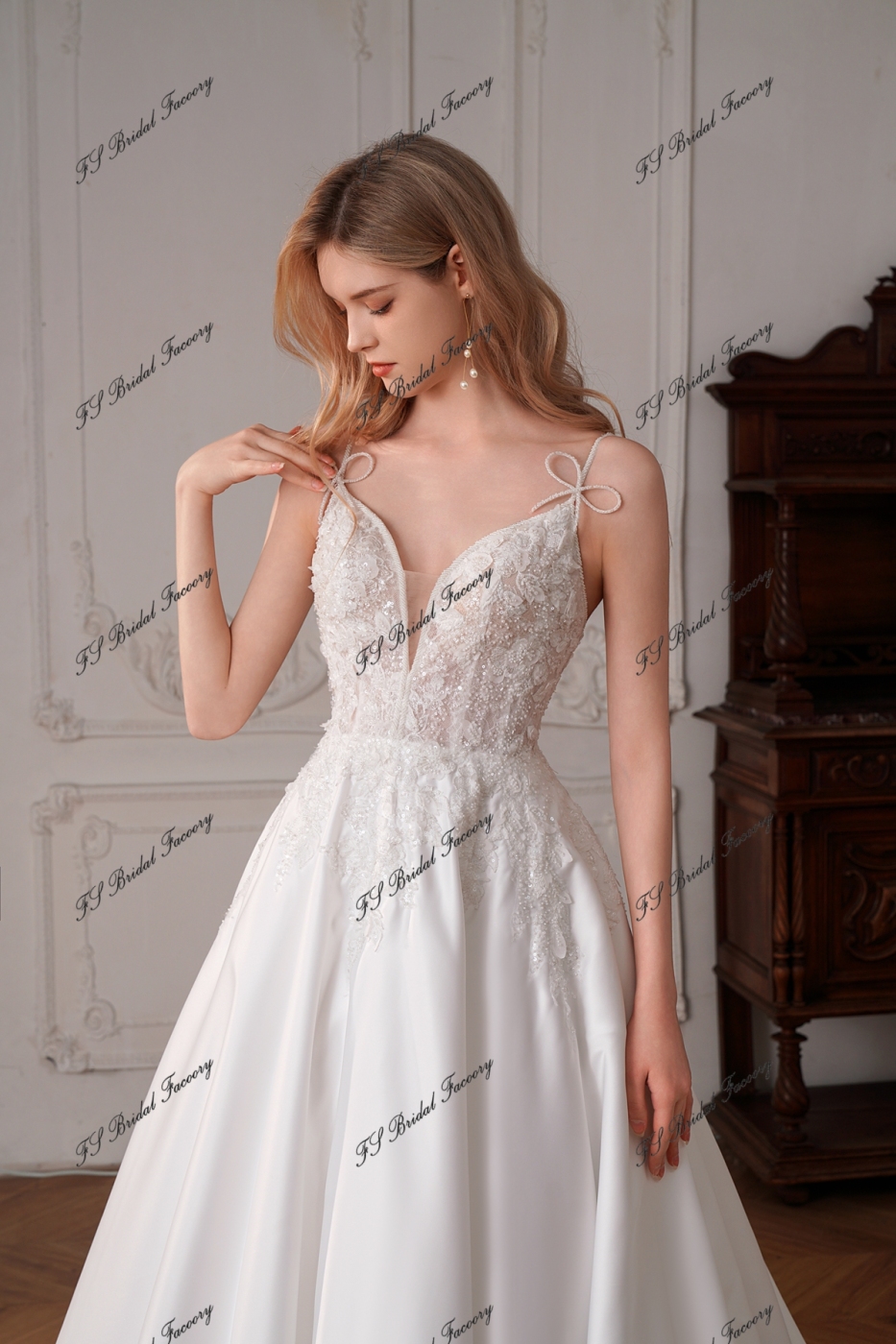 Long A Line Satin Wedding Dress With Detached Flowers