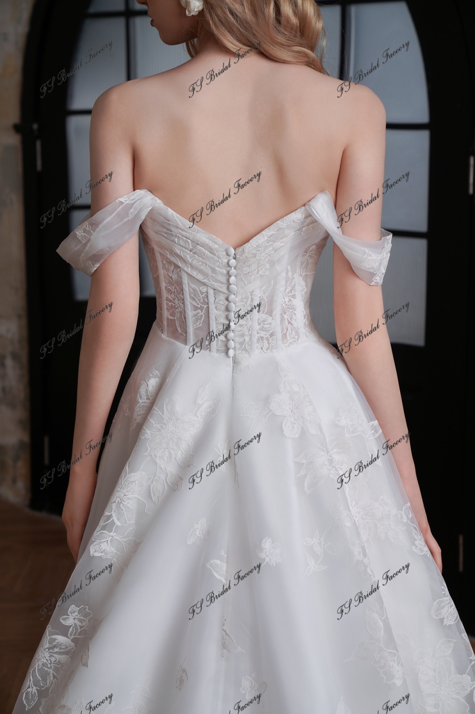  A-Line Printed Organza Dress with Strapless Neckline & Exposed Boning