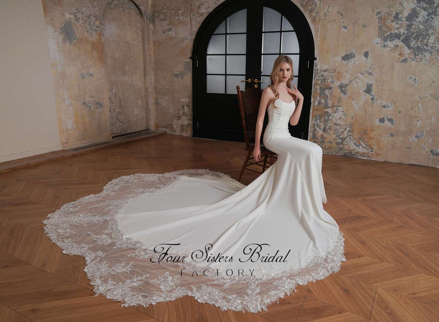 Long Mermaid Crepe Lace Train Wedding Dress With Detached Sleeve