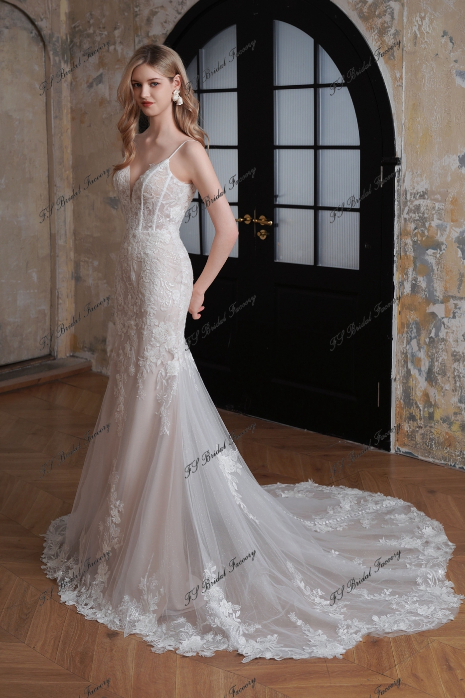 Delicate Beaded Spaghetti Straps Lace Mermaid Long Train Wedding Gown