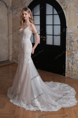 Delicate Beaded Spaghetti Straps Lace Mermaid Long Train Wedding Gown