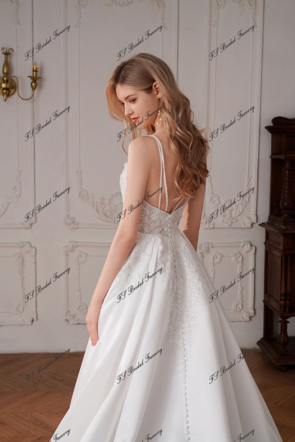 Long A Line Satin Wedding Dress With Detached Flowers