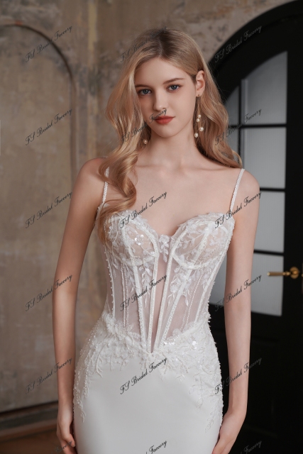 Dramatic Beaded Lace Train Mermaid Crepe Wedding Dress