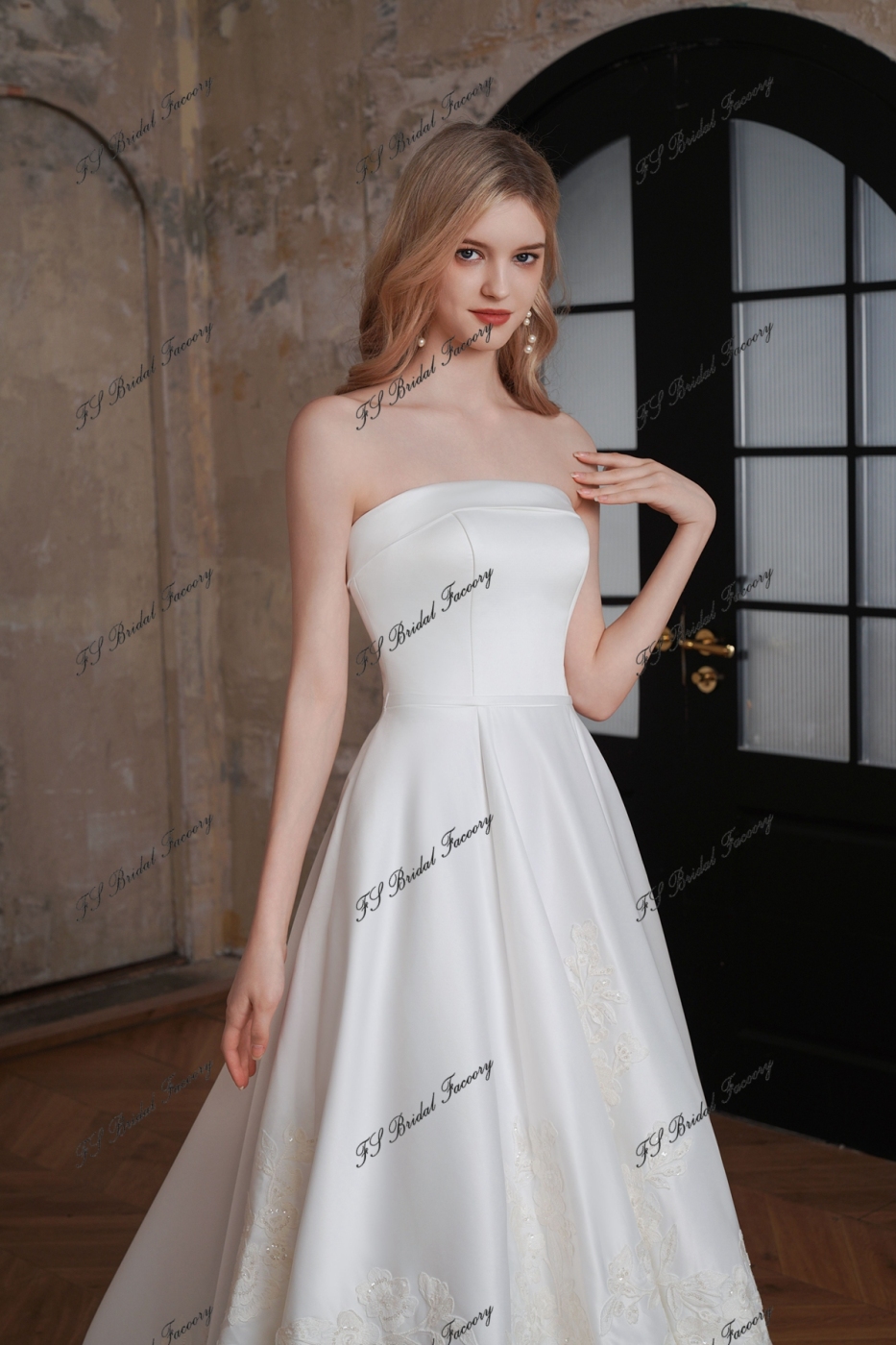 Satin A-Line Gown with Embroidered Sequined Lace on Skirt