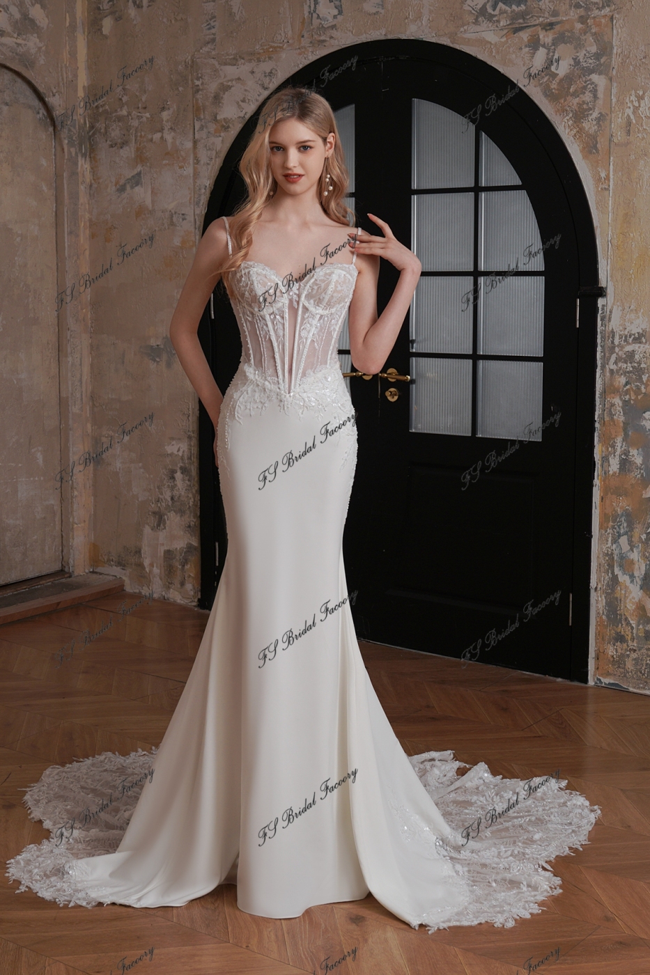 Dramatic Beaded Lace Train Mermaid Crepe Wedding Dress