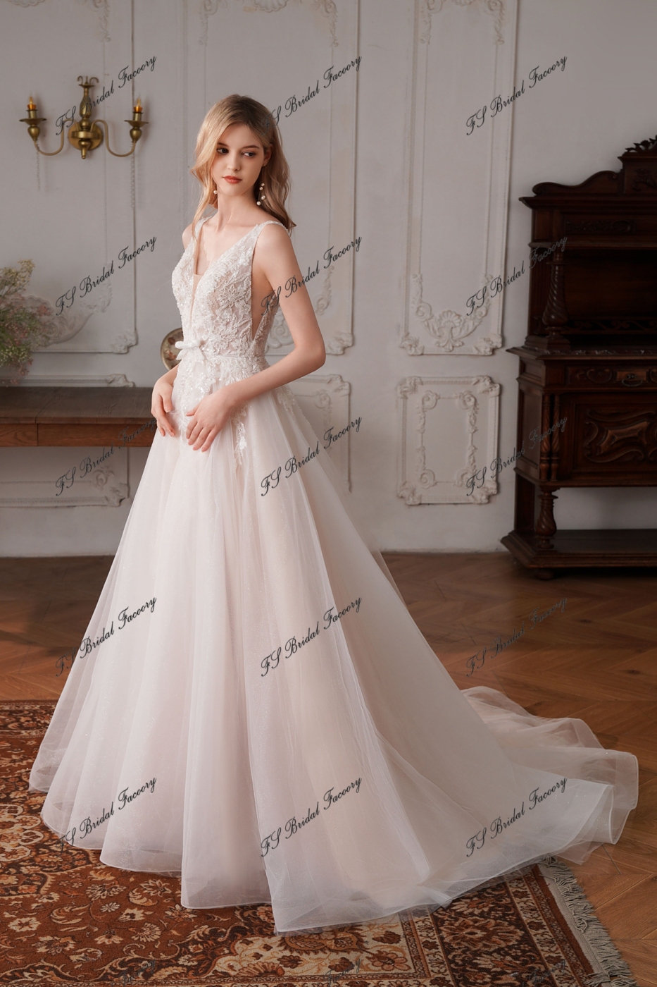 Long Glitter Tulle A Line Beading Wedding Dress
