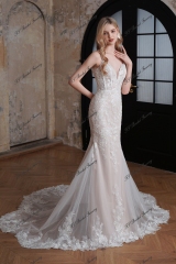 Delicate Beaded Spaghetti Straps Lace Mermaid Long Train Wedding Gown