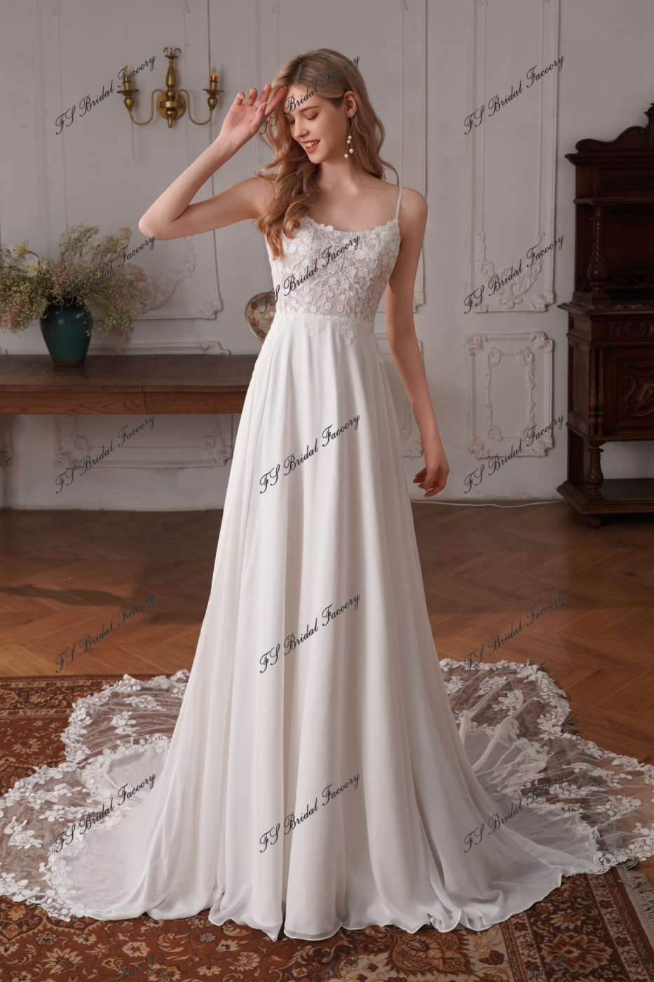 Long A-line Chiffon Wedding Dress With Round Neckline