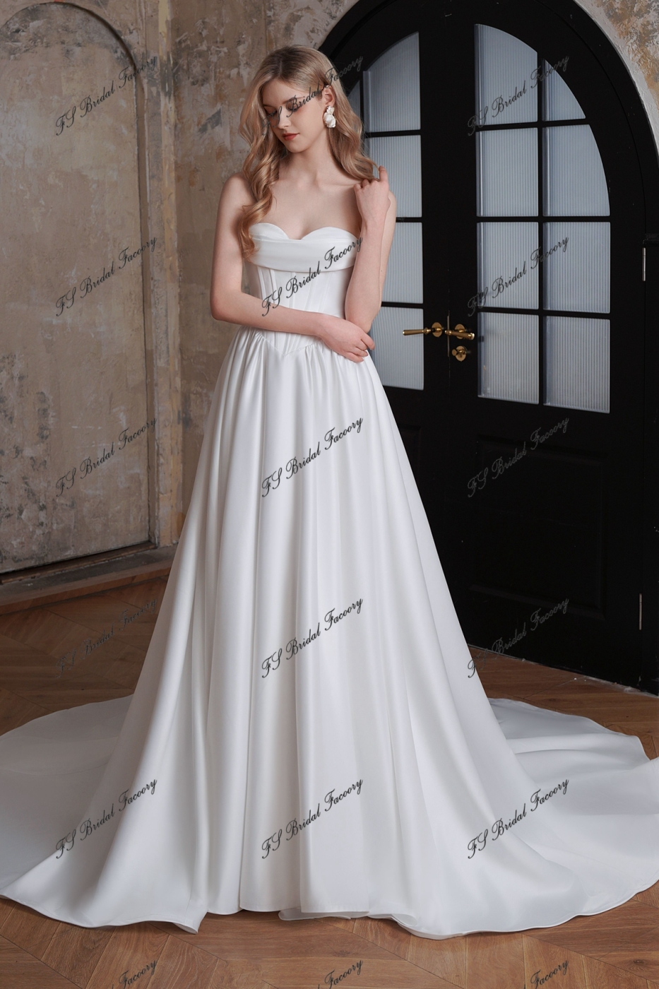 V Waist Satin A-Line Gown With Detached Sleeve