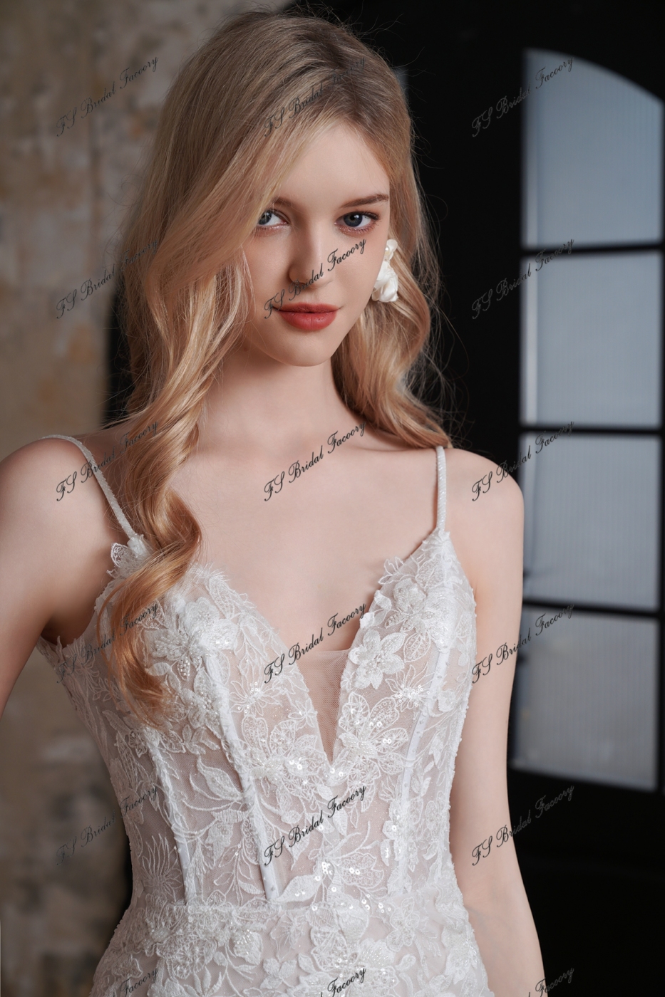 Delicate Beaded Spaghetti Straps Lace Mermaid Long Train Wedding Gown