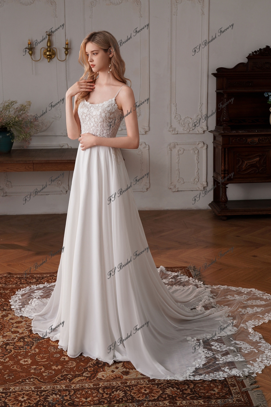 Long A-line Chiffon Wedding Dress With Round Neckline