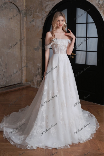  A-Line Printed Organza Dress with Strapless Neckline & Exposed Boning