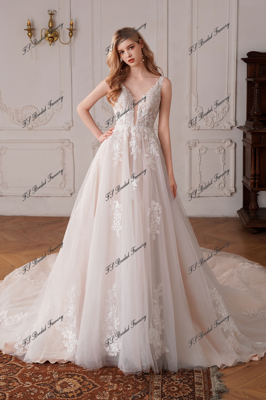 Beaded A-Line Gown with V-Neckline and Chapel Length Train