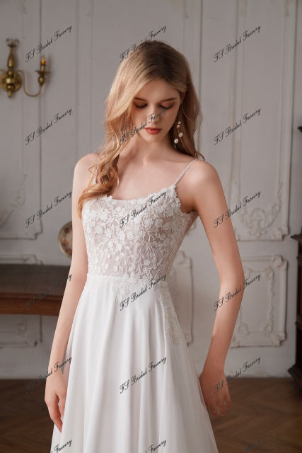Long A-line Chiffon Wedding Dress With Round Neckline