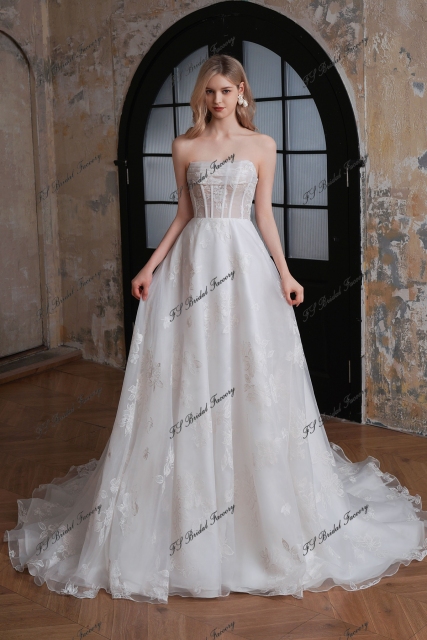  A-Line Printed Organza Dress with Strapless Neckline & Exposed Boning