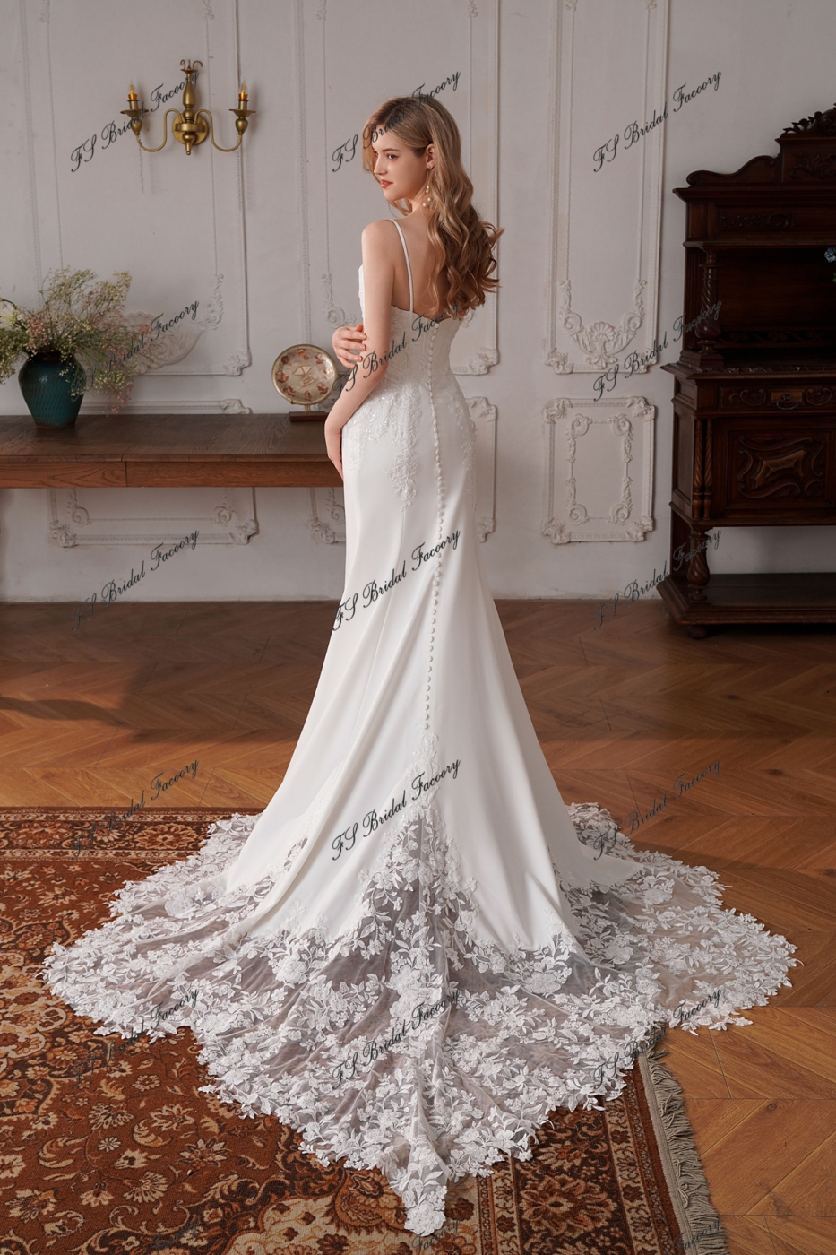 Sweetheart Neckline Long Mermaid Crepe Lace Train Wedding Dress