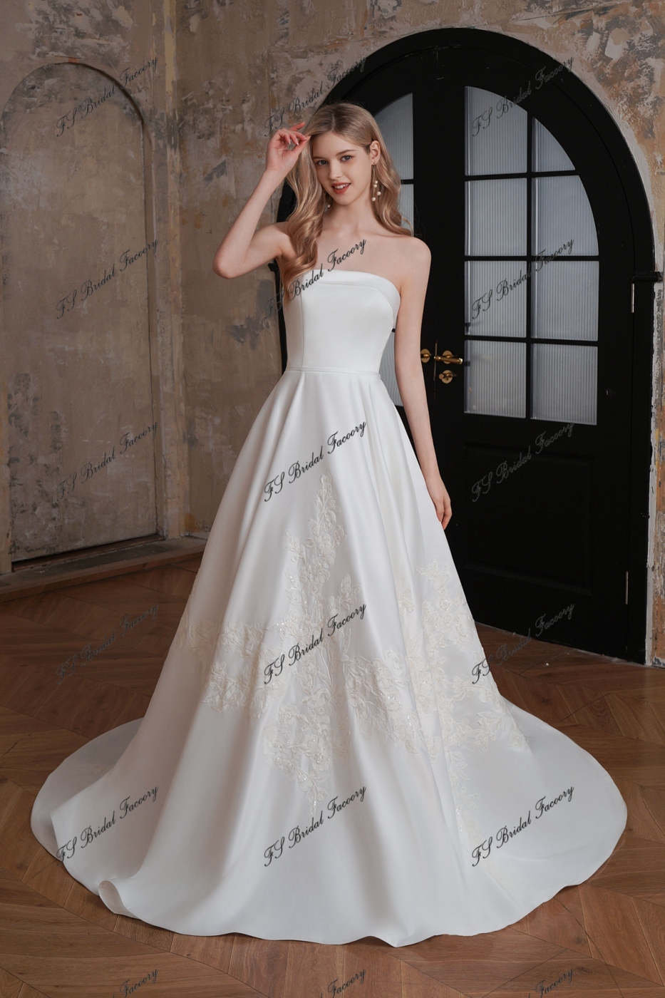 Satin A-Line Gown with Embroidered Sequined Lace on Skirt
