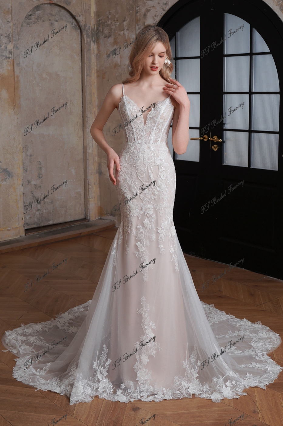 Delicate Beaded Spaghetti Straps Lace Mermaid Long Train Wedding Gown