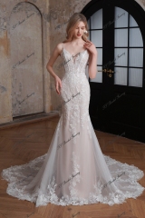 Delicate Beaded Spaghetti Straps Lace Mermaid Long Train Wedding Gown