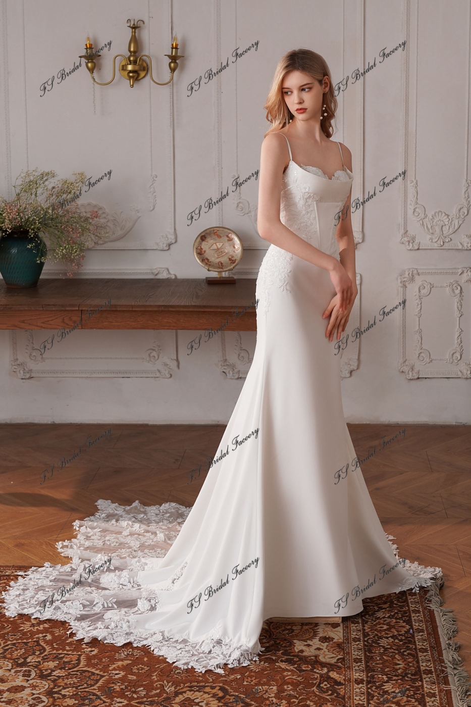 Sweetheart Neckline Long Mermaid Crepe Lace Train Wedding Dress