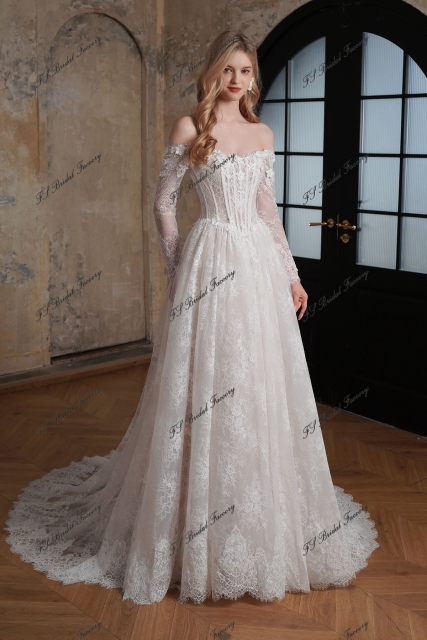 Flowing Off-the-Shoulder 3-D Flower Lace Ballgown Wedding Dress
