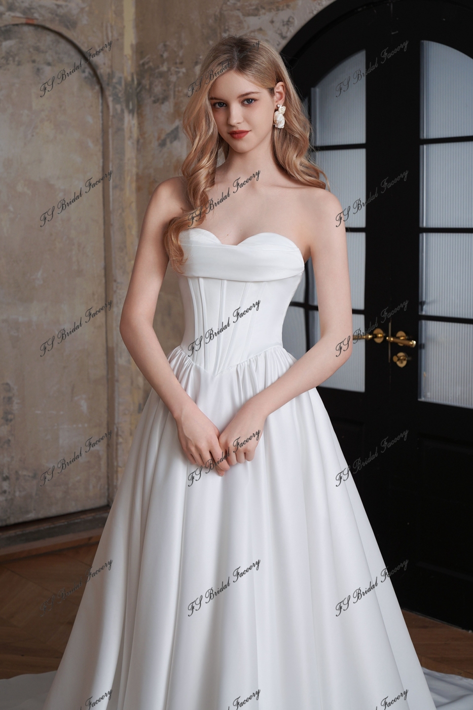 V Waist Satin A-Line Gown With Detached Sleeve