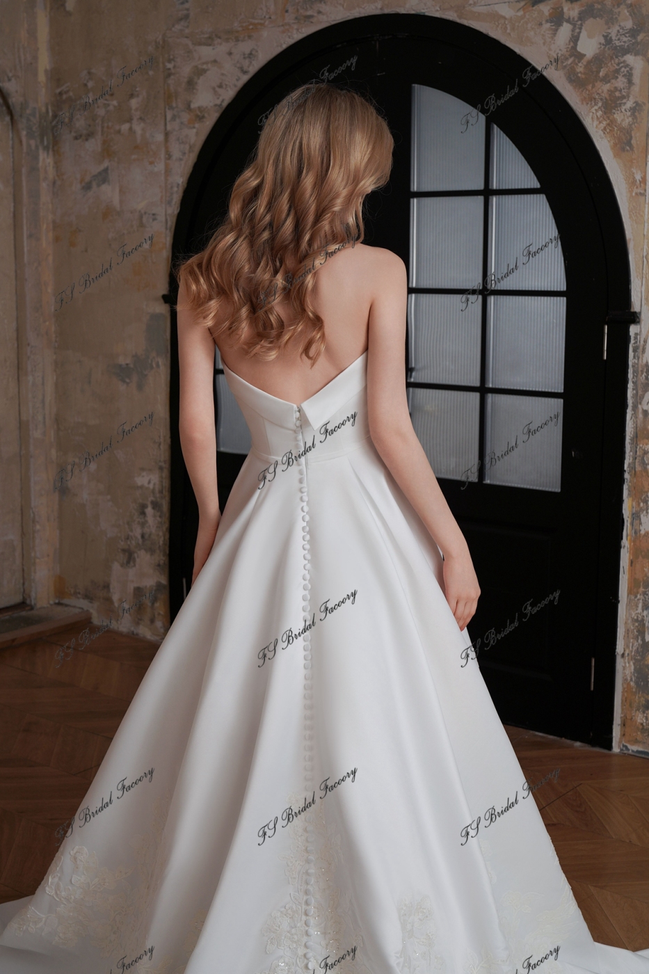 Satin A-Line Gown with Embroidered Sequined Lace on Skirt
