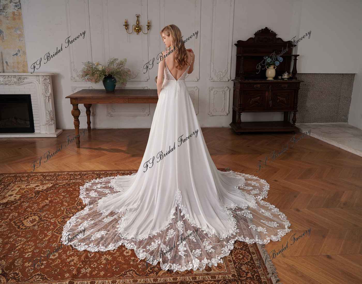 Long A-line Chiffon Wedding Dress With Round Neckline