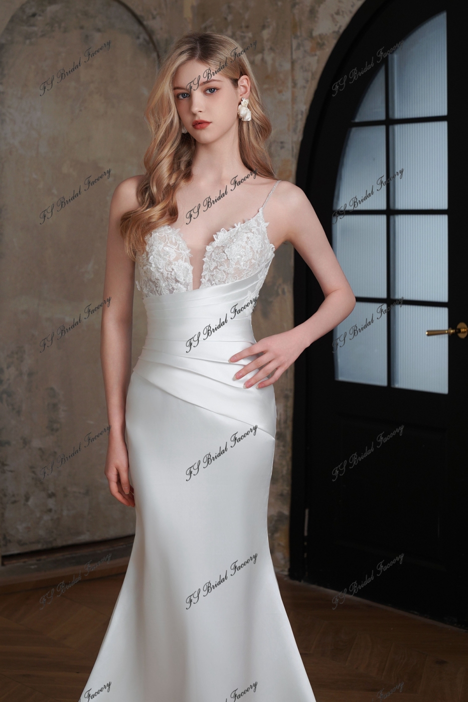 Long Mermaid Mikado Wedding Dress With 3D Beading Lace