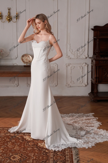 Sweetheart Neckline Long Mermaid Crepe Lace Train Wedding Dress