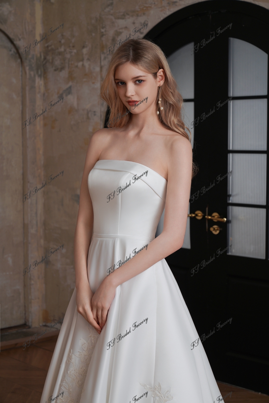 Satin A-Line Gown with Embroidered Sequined Lace on Skirt