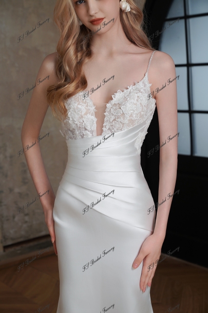 Long Mermaid Mikado Wedding Dress With 3D Beading Lace
