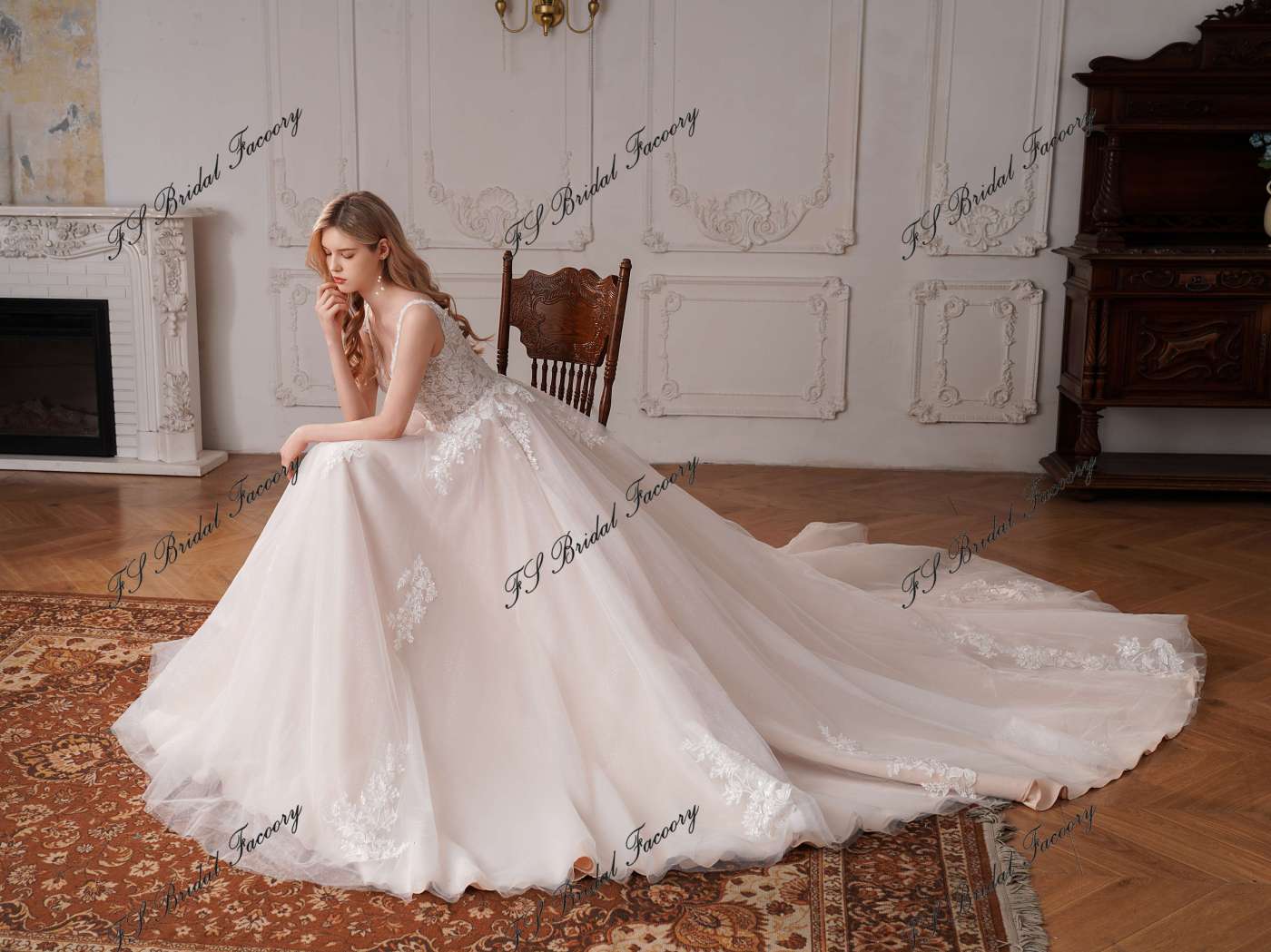 Beaded A-Line Gown with V-Neckline and Chapel Length Train