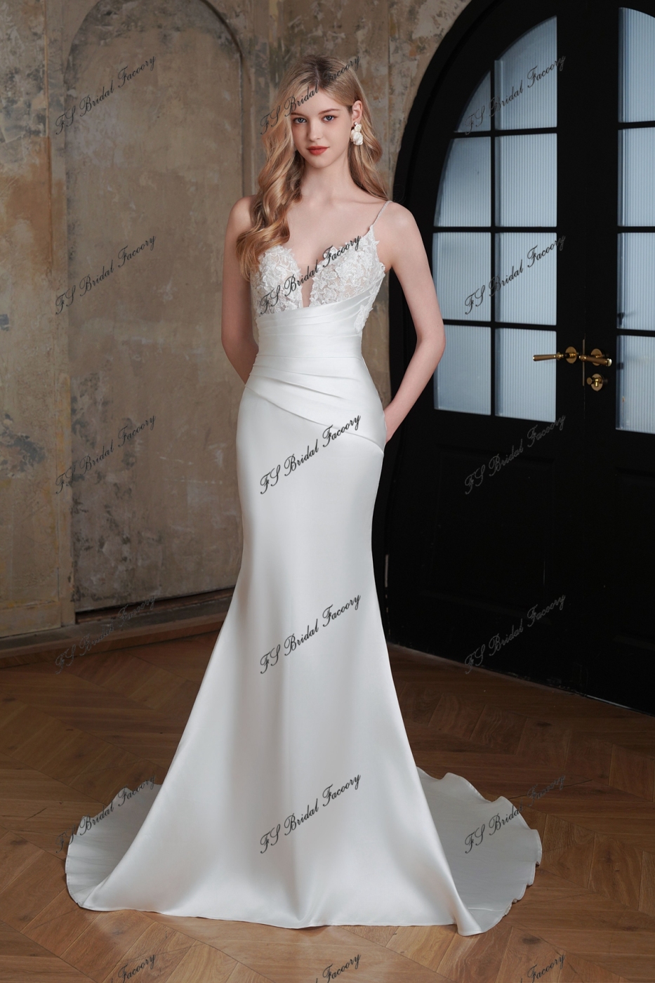 Long Mermaid Mikado Wedding Dress With 3D Beading Lace