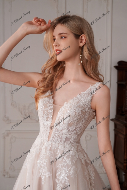 Beaded A-Line Gown with V-Neckline and Chapel Length Train