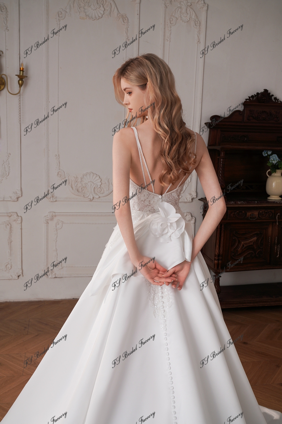 Long A Line Satin Wedding Dress With Detached Flowers