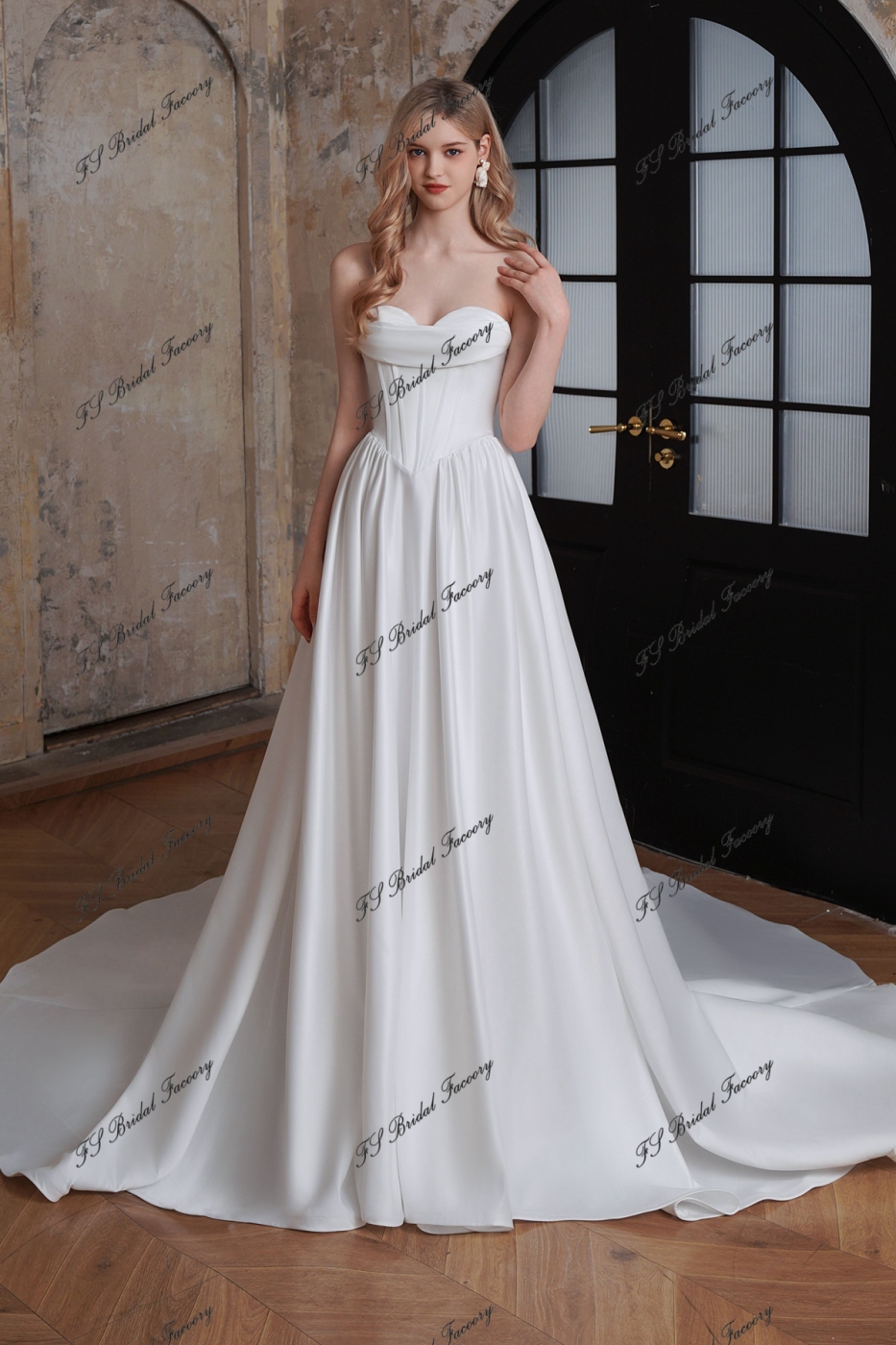 V Waist Satin A-Line Gown With Detached Sleeve