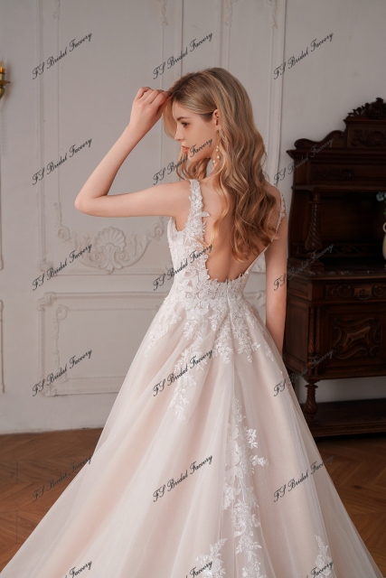 Beaded A-Line Gown with V-Neckline and Chapel Length Train
