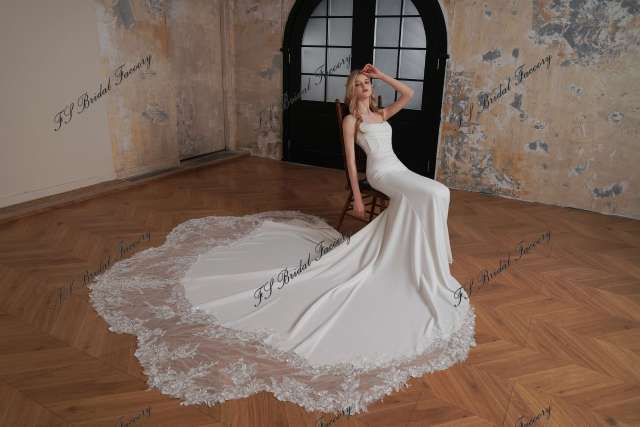 Long Mermaid Crepe Lace Train Wedding Dress With Detached Sleeve