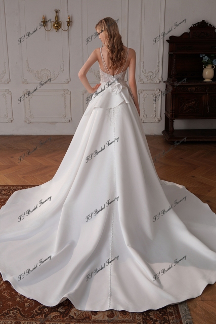 Long A Line Satin Wedding Dress With Detached Flowers