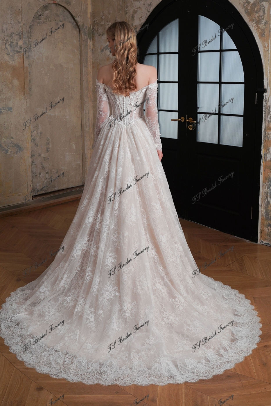 Flowing Off-the-Shoulder 3-D Flower Lace Ballgown Wedding Dress